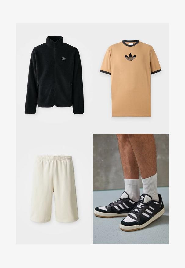 Svart fleecejakke med høy krage, glidelås foran og frontlommer. Har strukturert stoff og liten hvit logo på venstre bryst.; Beige bomull t-skjorte med svart ribbestrikket rund hals og mansjetter. Har en svart Adidas-logo med tre striper under logoen på brystet.; Lys beige treningshorts med elastisk midje, glatt tekstur og subtil logo detalj på nedre venstre side. Ingen lommer.; Sorte og hvite sneakers med overdel i semsket skinn og lær, med tre hvite striper, perforert tå og en såle av gummi.