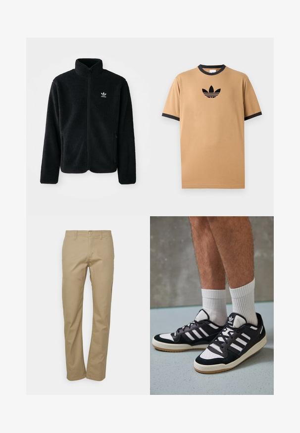 Zwarte fleece jacket met hoge kraag, ritssluiting aan de voorkant en voorzakken. Kenmerkt zich door textuurstof en een klein wit logo op de linkerborst.; Tanskleurig katoenen T-shirt met een zwarte ribgebreide ronde halslijn en manchetten. Heeft een zwart Adidas-logo met drie strepen onder het logo op de borst.; Beige chino's met een recht gesneden design, voorzien van een knoopsluiting, riemlussen en een gladde katoenen stoftextuur.; Zwart-witte sneakers met een bovenwerk van suede en leer, voorzien van drie witte strepen, een geperforeerde neus en een rubberen gumzool.