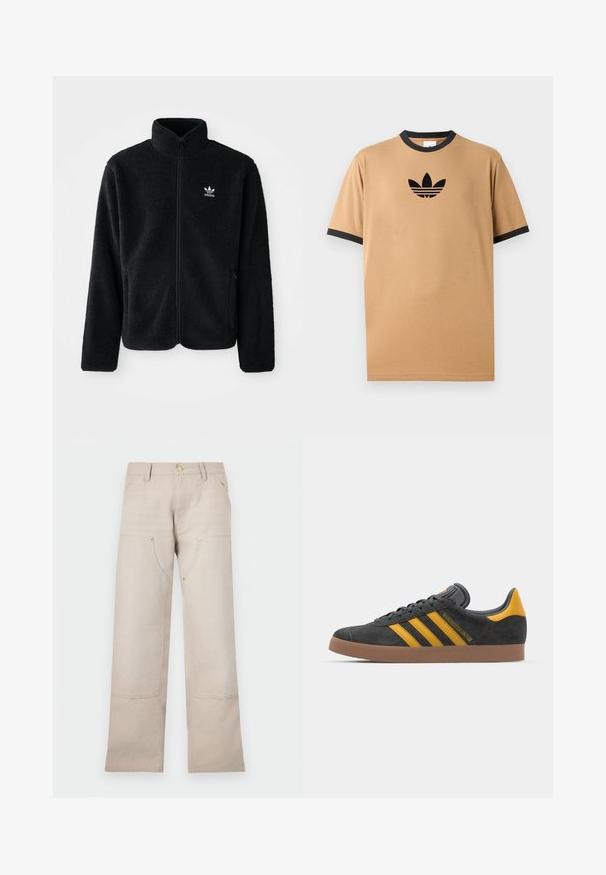 Zwarte fleece jacket met hoge kraag, ritssluiting aan de voorkant en voorzakken. Kenmerkt zich door textuurstof en een klein wit logo op de linkerborst.; Tanskleurig katoenen T-shirt met een zwarte ribgebreide ronde halslijn en manchetten. Heeft een zwart Adidas-logo met drie strepen onder het logo op de borst.; Beige katoenen broek met een recht gesneden ontwerp, voorzien van twee voorkezen en twee ritssluitingen. Goudkleurige accenten benadrukken het geheel.; Zwarte suède sneakers met gele accenten, voorzien van drie strepen en een bruine rubberen zool. Inclusief een gevoerde tong voor comfort.