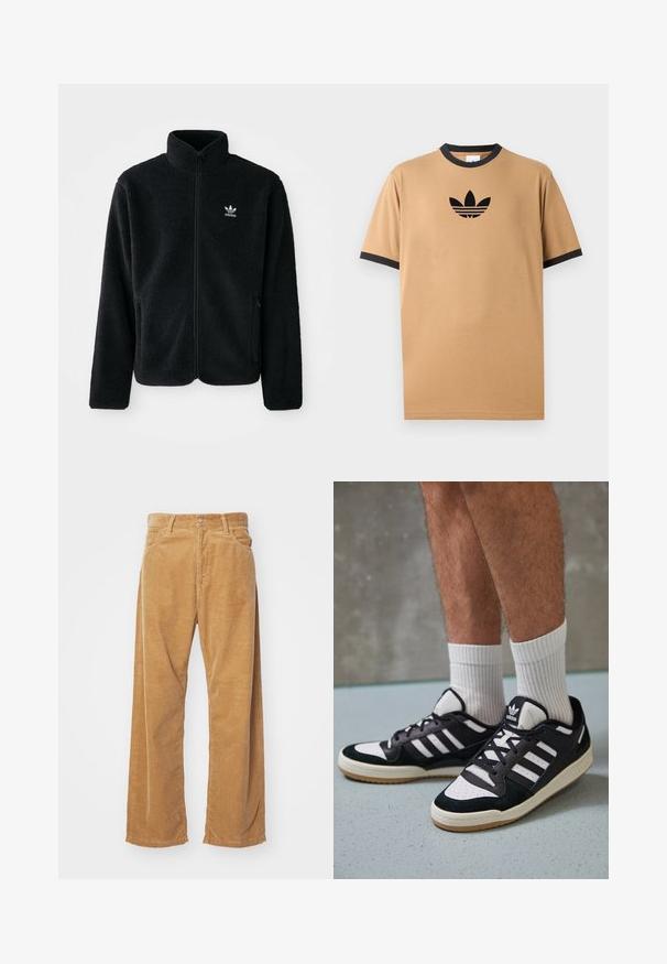 Casaco de fleece preto com gola alta, fecho de correr à frente e bolsos frontais. Apresenta um tecido texturizado e um pequeno logo branco no lado esquerdo do peito.; T-shirt de algodão bege com um decote redondo e punhos canelados em preto. Apresenta um logótipo da Adidas em preto com três riscas abaixo do logótipo no peito.; Calças largas de algodão nede em cor bege. Apresentam costuras texturizadas verticais, com um cós padrão e dois bolsos frontais.; Ténis em preto e branco com upper em camurça e couro, apresentando três riscas brancas, um toe perfurado e uma sola em borracha de goma.