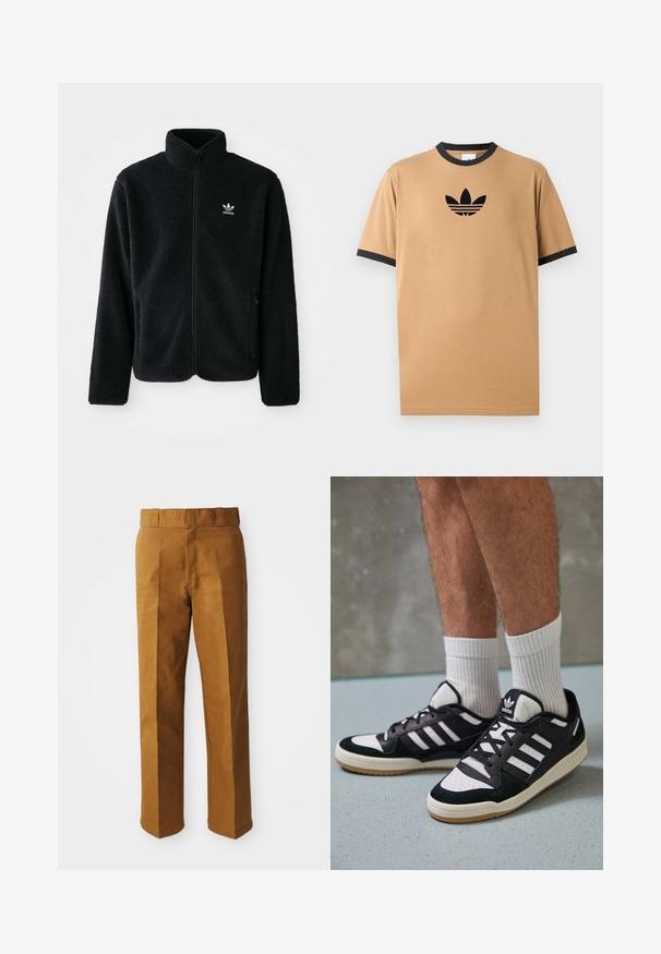 Svart fleecejakke med høy krage, glidelås foran og frontlommer. Har strukturert stoff og liten hvit logo på venstre bryst.; Beige bomull t-skjorte med svart ribbestrikket rund hals og mansjetter. Har en svart Adidas-logo med tre striper under logoen på brystet.; Brune, skræddersyede bukser med en glat tekstur, der har et lige ben-design, folder fortil og en standard talje.; Sorte og hvite sneakers med overdel i semsket skinn og lær, med tre hvite striper, perforert tå og en såle av gummi.