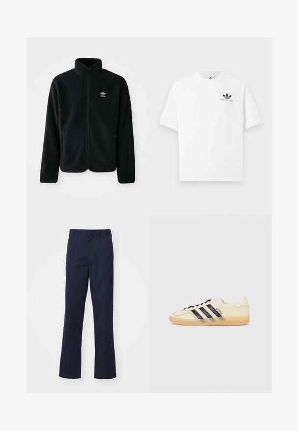 Jachetă din fleece neagră cu guler înalt, fermoar pe față și buzunare frontale. Caracteristici ale materialului texturat și un mic logo alb pe pieptul stâng.; Tricou alb din bumbac cu mânecă scurtă, având un logo negru "BASKETBALL" și un design iconic cu trei dungi pe față.; Pantaloni bleumarin din material, cu un design dreapt, curele pentru brâu și o terminare curată la tiv. Fără modele sau accente vizibile.; Tenis cu crem deschis, cu design cu trei dungi negre, parte superioară texturată, vârf rotund și talpă din cauciuc. Include șireturi și branding pe lateral.