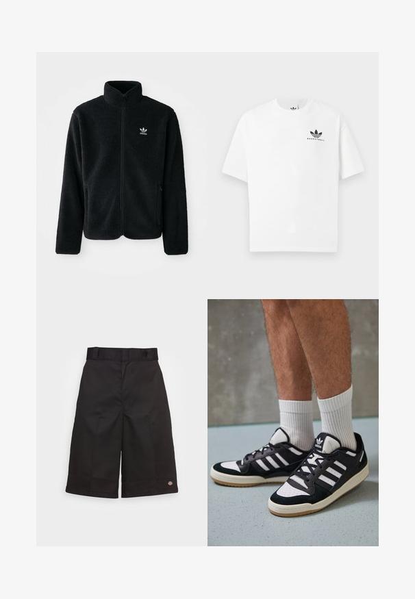 Juodas fliso džemperis su aukštu apykakle, užtrauktuku priekyje ir priekinėmis kišenėmis. Ypatybės: tekstūruota medžiaga ir mažas baltas logotipas kairėje krūtinės pusėje.; Balta medvilninė marškinėlių su trumpomis rankovėmis, su juodu "BASKETBALL" logotipu ir ikonišku trimis juostelėmis dizainu priekyje.; Juodi medvilniniai šortai su tiesiu kirpimu, iki kelių ilgio, su matomu prekės ženklu ant apvado ir lygia tekstūra.; Juodos ir baltos sportinės bateliai su zomšiniu ir odiniu viršumi, su trimis baltomis juostelėmis, perforuota koja ir guminėmis padais.