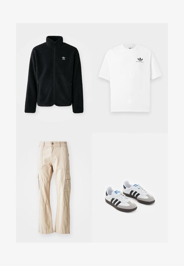 Černá fleecová bunda s vysokým límcem, předním zipem a předními kapsami. Disponuje strukturovanou tkaninou a malým bílým logem na levé hrudi.; Bílá bavlněná tričko s krátkým rukávem, na přední straně s černým logem "BASKETBALL" a ikonickým designem tří pruhů.; Beige cargo kalhoty vyrobené z odolného bavlněného materiálu, s více kapsami, rovnými nohavicemi a viditelnými švy.; Sportovní boty s bílým koženým svrškem, šedou semišovou špičkou a třemi černými pruhy. Obsahují modré logo na jazyku a texturovanou gumovou podrážku.