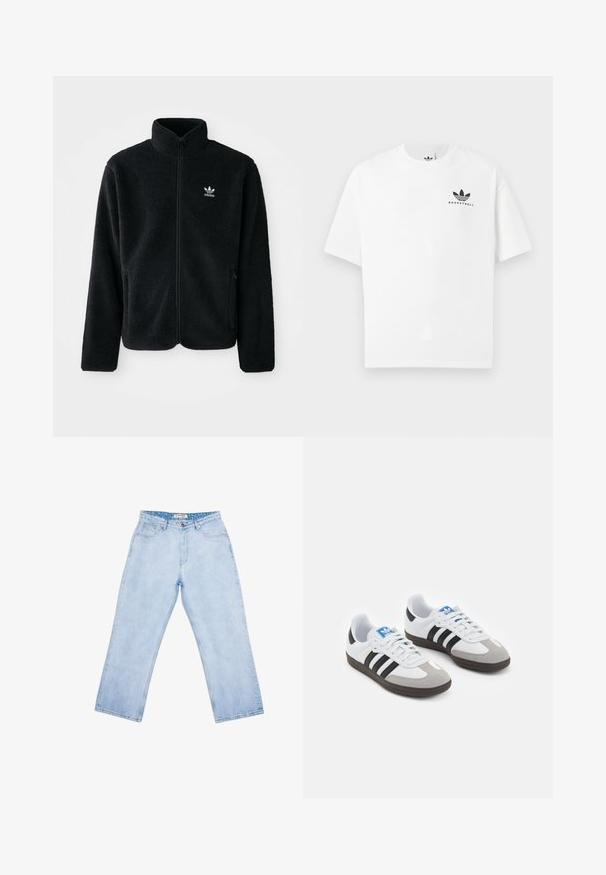 Juodas fliso džemperis su aukštu apykakle, užtrauktuku priekyje ir priekinėmis kišenėmis. Ypatybės: tekstūruota medžiaga ir mažas baltas logotipas kairėje krūtinės pusėje.; Balta medvilninė marškinėlių su trumpomis rankovėmis, su juodu "BASKETBALL" logotipu ir ikonišku trimis juostelėmis dizainu priekyje.; Šviesiai mėlyni džinsai su tiesiomis kojomis, elastingu juosmeniu ir penkių kišenių stiliumi. Lygus paviršius ir minimalūs siuvimo detalės.; Sportiniai batai su balta odine viršutine dalimi, pilku zomšiniu priekiu ir trimis juodomis juostelėmis. Ant liežuvio yra mėlynas logotipas, o padas pagamintas iš tekstūruoto gumos.