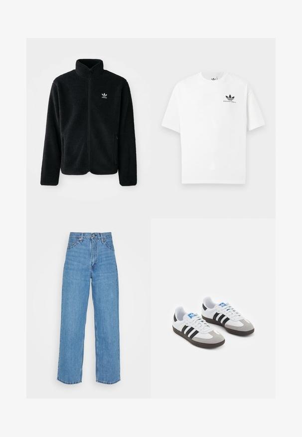 Crna fleec jakna s visokim ovratnikom, prednjim zatvaračem i prednjim džepovima. Ima teksturirani materijal i mali bijeli logo na lijevoj strani prsnog koša.; Bijela pamučna majica s kratkim rukavima, s crnim logotipom "BASKETBALL" i ikoničnim dizajnom s tri pruge sprijeda.; Svijetloplave traperice s visokim strukom i širokim nogavicama. Značajke uključuju pet džepova, metalno dugme za zatvaranje i ravni rub.; Sportske cipele s gornjištem od bijele kože, sivi suedinasti nos i tri crne pruge. Imaju plavi logo na jeziku i teksturiranu gumenu podlogu.