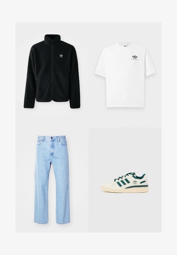 Jachetă din fleece neagră cu guler înalt, fermoar pe față și buzunare frontale. Caracteristici ale materialului texturat și un mic logo alb pe pieptul stâng.; Tricou alb din bumbac cu mânecă scurtă, având un logo negru "BASKETBALL" și un design iconic cu trei dungi pe față.; Jeans din denim albastru deschis, cu un design drept, talie înaltă, stil cu cinci buzunare și închidere clasică cu buton și fermoar.; Adidași albi cu accente verzi. Prezintă trei dungi verzi, vârf texturat și logo pe lateral. Talpă din cauciuc cu model texturat.