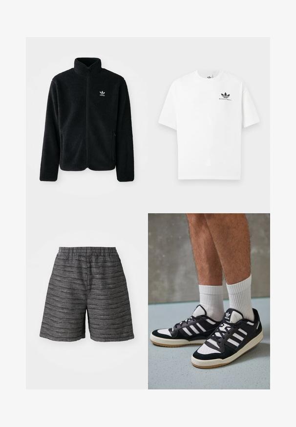 Sort fleecejakke med høj krave, lynlås foran og frontlommer. Har tekstureret stof og lille hvidt logo på venstre bryst.; Hvid bomulds t-shirt med korte ærmer, der har et sort "BASKETBALL" logo og det ikoniske tre-stribes design på forsiden.; Grå shorts med elastisk talje, fremstillet i et struktureret stof med vandrette striber. Længde til midt på låret og afslappet pasform.; Sorte og hvide sneakers med en overdel i ruskind og læder, der har tre hvide striber, en perforeret tå og en sål i gummigummi.