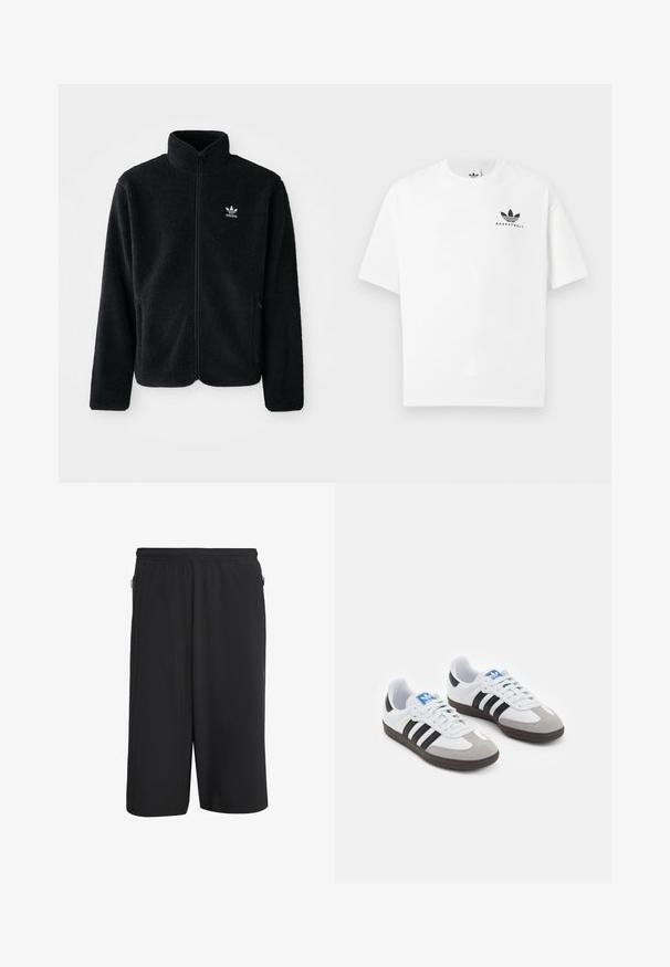 Černá fleecová bunda s vysokým límcem, předním zipem a předními kapsami. Disponuje strukturovanou tkaninou a malým bílým logem na levé hrudi.; Bílá bavlněná tričko s krátkým rukávem, na přední straně s černým logem "BASKETBALL" a ikonickým designem tří pruhů.; Černé sportovní šortky s elastickým pasem, se bočními zipy a hladkým, lehkým materiálem. Jednoduchý, funkční design.; Sportovní boty s bílým koženým svrškem, šedou semišovou špičkou a třemi černými pruhy. Obsahují modré logo na jazyku a texturovanou gumovou podrážku.