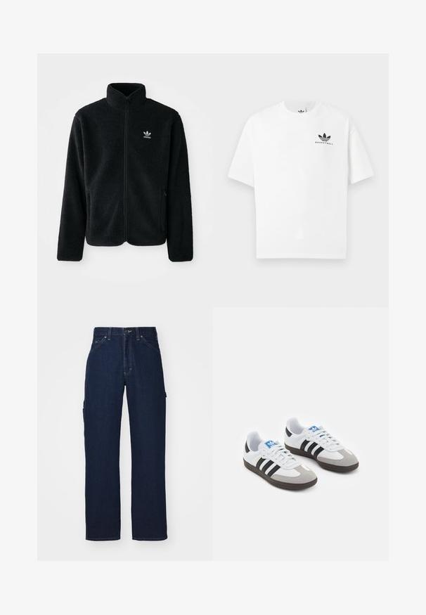 Svart fleecejacka med hög krage, blixtlås fram och framfickor. Har strukturtyg och en liten vit logotyp på vänster bröst.; Vit bomullst-shirt med korta ärmar, med en svart "BASKETBALL" logotyp och ikonisk tre-strips design på framsidan.; Mörkblå denimbyxor med rak bendesign, som har sidofickor och kontrasterande sömmar. Inga synliga slitningar eller mönster.; Sportskor med överdel i vit läder, grå mocka på tårna och tre svarta ränder. Har en blå logotyp på tungan och en texturerad gummisula.