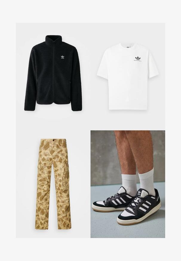 Black fleece jacket with high collar, zip front, and front pockets. Features textured fabric and small white logo on left chest.; White cotton t-shirt with short sleeves, featuring a black "BASKETBALL" logo and iconic three-stripe design on the front.; Beige cargo pants with a light brown camouflage pattern, featuring two side pockets and a straight leg design. Textured fabric with subtle stripes.; Black and white sneakers with a suede and leather upper, featuring three white stripes, a perforated toe, and a gum rubber sole.