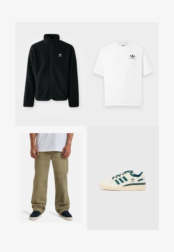 Black fleece jacket with high collar, zip front, and front pockets. Features textured fabric and small white logo on left chest.; White cotton t-shirt with short sleeves, featuring a black "BASKETBALL" logo and iconic three-stripe design on the front.; Olive green corduroy pants with a relaxed fit, featuring straight legs, side pockets, and visible texture from ridged fabric.; White sneaker with green accents. Features three green stripes, textured toe cap, and logo on side. Rubber sole with textured pattern.