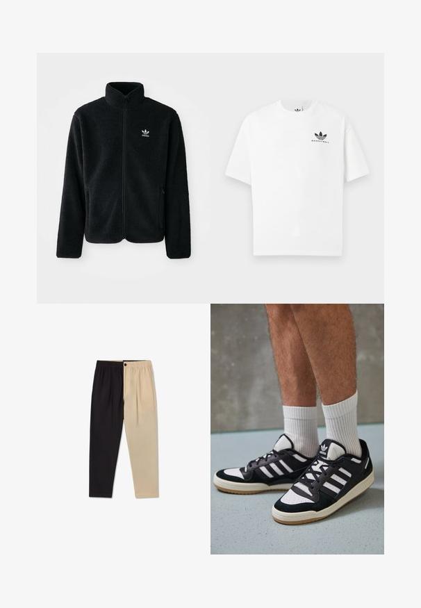 Zwarte fleece jacket met hoge kraag, ritssluiting aan de voorkant en voorzakken. Kenmerkt zich door textuurstof en een klein wit logo op de linkerborst.; Witte katoenen t-shirt met korte mouwen, voorzien van een zwart "BASKETBALL" logo en het iconische drie-streependesign aan de voorkant.; Tweedekleurige broek met een elastische tailleband; aan de ene kant zwart, aan de andere kant beige, met een gladde textuur en geprefabriceerde plooien.; Zwart-witte sneakers met een bovenwerk van suede en leer, voorzien van drie witte strepen, een geperforeerde neus en een rubberen gumzool.