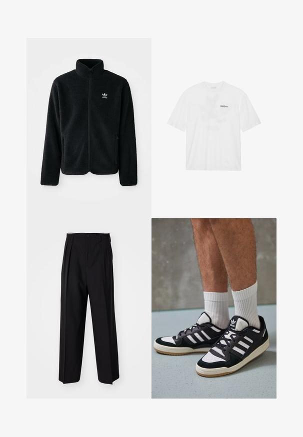 Svart fleecejakke med høy krage, glidelås foran og frontlommer. Har strukturert stoff og liten hvit logo på venstre bryst.; Hvit bomull t-skjorte med korte ermer, med et trykk foran som sier "Svev inn i stillhet" i svart og grønt.; Sorte plissert bukser med en rett, bred benform. Laget av glatt stoff, med knappelukking og beltehemper.; Sorte og hvite sneakers med overdel i semsket skinn og lær, med tre hvite striper, perforert tå og en såle av gummi.