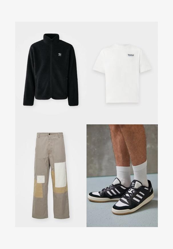 Must värviline fleecedee peasärk kõrge kraega, tõmblukuga esiosa ja esikotid. Omab tekstuuriga kangast ja väikest valget logo vasakul rinnal.; Valge puuvillane T-särk, millel on sinine tikand "Timberland Rugged Active Gear" logo vasakul rinnal. Lühikesed varrukad ja ümmargune kaelus.; Beežid laiad püksid, millel on plekkdisain, kergelt ja tumedalt kangalt alad; sisaldab ruudukujulisi aktsente ja ees nuppude sulgemist.; Mustvalged ja valged spordijalatsid, mille pealmine osa on valmistatud suede'ist ja nahast. Kingadel on kolm valget riba, auguline varvas ja kummist tald.