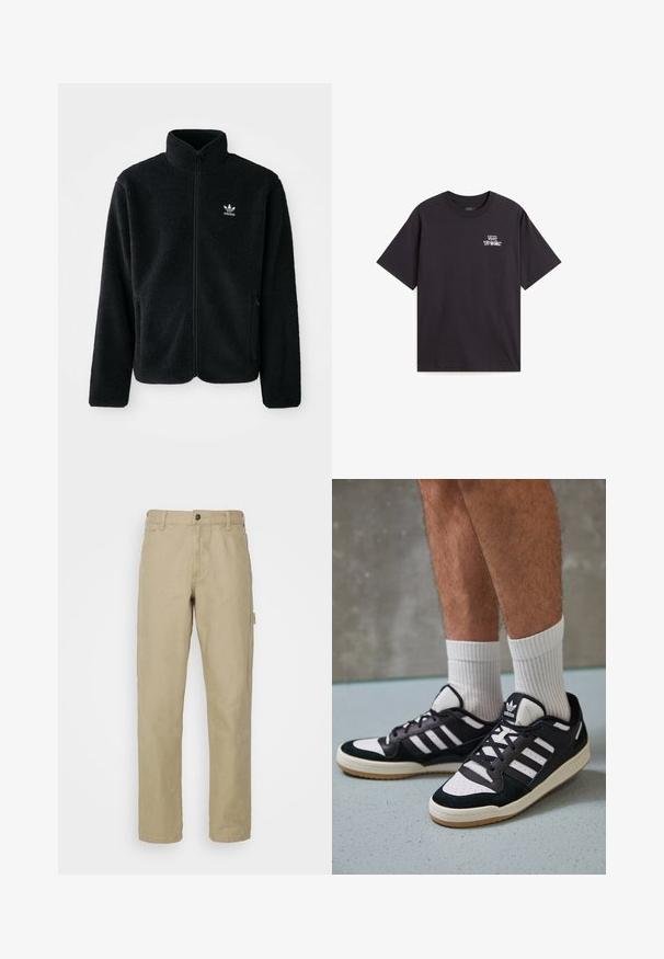 Czarna polarowa kurtka z wysokim kołnierzem, zamek z przodu i kieszeniami z przodu. Posiada teksturowany materiał i małe białe logo na lewej piersi.; Czarna bawełniana koszulka z krótkim rękawem, okrągłym dekoltem i grafiką z przodu, na której znajduje się tekst „VANS OFF THE WALL” w kolorze białym.; Beżowe spodnie bawełniane z prostymi nogawkami, z przodem zapinanym na guzik, pięcioma kieszeniami i boczną kieszenią cargo.; Czarno-białe sneakersy z zamszową i skórzaną cholewką, z trzema białymi paskami, perforowanym czubkiem i gumową podeszwą w kolorze gumy.