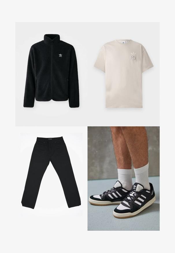 Melns flīsa mētelis ar augstu apkakli, ar rāvējslēdzēju priekšā un priekšējiem kabatām. Iezīmē ar teksturētu audumu un mazu baltu logo uz kreisā krūtīm.; Bežs kokvilnas T-krekls ar apaļu kaklu, īsām piedurknēm un smalku grafisku logo uz kreisā krūšu puses. Mīksta tekstūra, vienkāršs dizains.; Melnas džinsu bikses ar taisno kāju dizainu, vidēji augstu jostasvietu, piecām kabatām un smalkiem izšuvuma elementiem.; Melnas un baltas kedas ar zamša un ādas augšdaļu, kas aprīkotas ar trim baltām svītrām, perforētu purngali un gumijas zolēm.