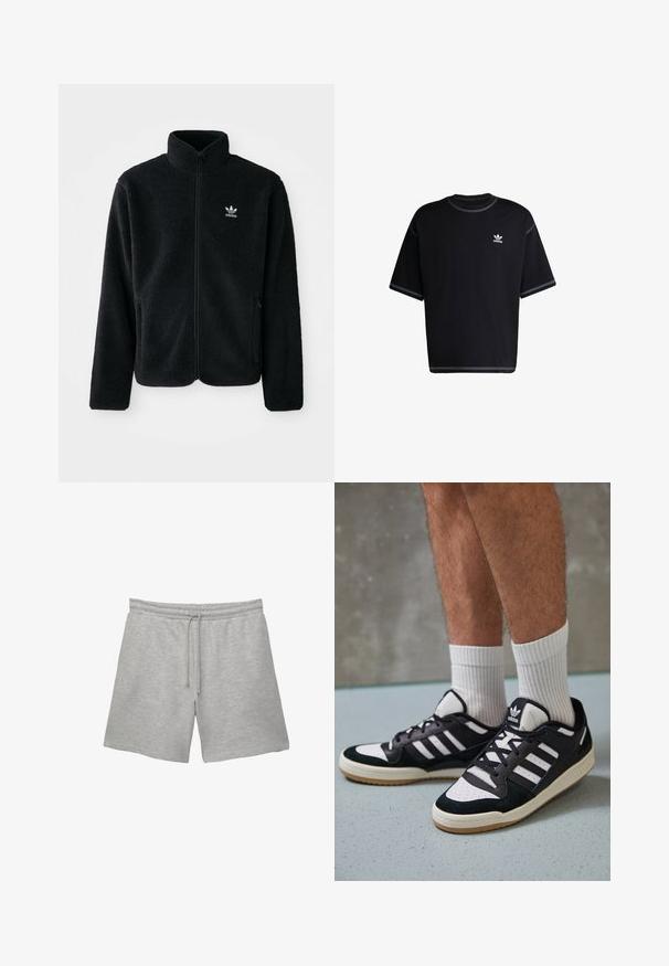 Sort fleecejakke med høj krave, lynlås foran og frontlommer. Har tekstureret stof og lille hvidt logo på venstre bryst.; Sort bomulds t-shirt med korte ærmer. Har en rund hals og hvide stikninger som detaljer. Lille hvid Adidas-logo på venstre bryst.; Grå bomuldsshorts med elastisk talje og snøring, der har to sidelommer og en blød, struktureret overflade.; Sorte og hvide sneakers med en overdel i ruskind og læder, der har tre hvide striber, en perforeret tå og en sål i gummigummi.