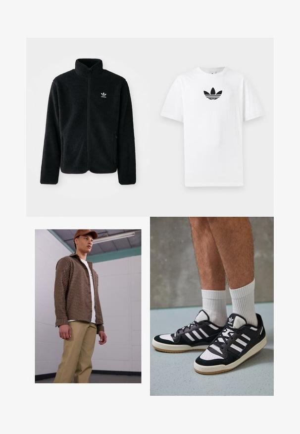 Chupa de forro polar negro con cuello alto, cierre frontal y bolsillos delanteros. Presenta tela texturizada y un pequeño logo blanco en el lado izquierdo del pecho.; Camiseta de algodón blanca con un logo negro de Adidas en el centro. Diseño de manga corta y cuello redondo. Textura suave.; Camisa de cuadros marrón con botones y mangas largas, combinada con pantalones beige, llevada sobre una camiseta blanca. El modelo está de pie en un ambiente interior sencillo.; Zapatillas en blanco y negro con parte superior de ante y cuero, que presentan tres franjas blancas, una puntera perforada y una suela de goma.
