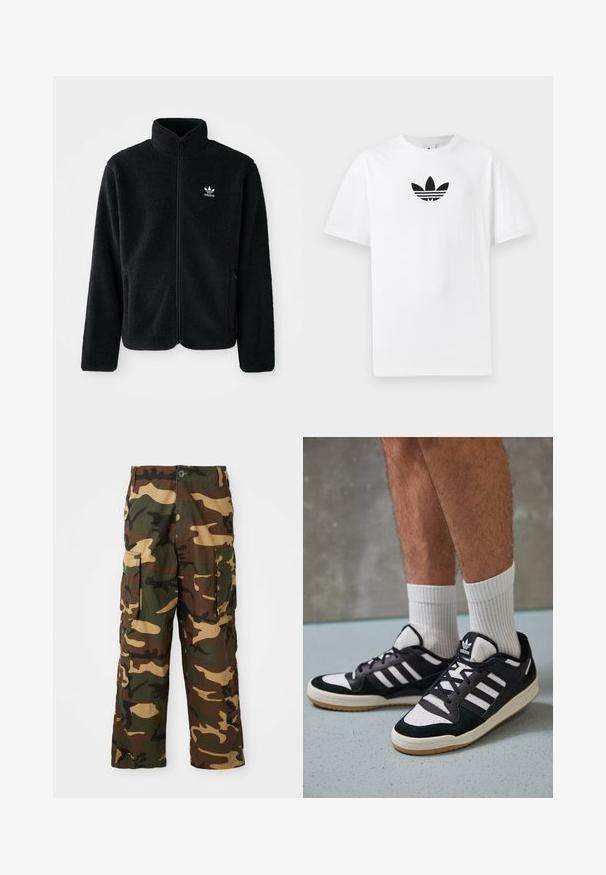 Črna flis jakna z visokim ovratnikom, z zadrgo spredaj in sprednjimi žepi. Ima strukturno blago in majhno belo logo na levi strani prsnega koša.; Bela bombažna majica s črnim logojem Adidas na sredini. Kratki rokavi in oblikovanje z okrog lim. Gladka tekstura.; Kamuflažne cargo hlače v zeleni, rjavi in bež barvi. Imajo dve veliki stranski žepi in gumbasto zapiranje. Narejene so iz teksturiranega blaga.; Črno-bele superge z zgornjim delom iz usnja in nubuka, ki imajo tri bele črte, perforiran vrh prstov in podplat iz gume.