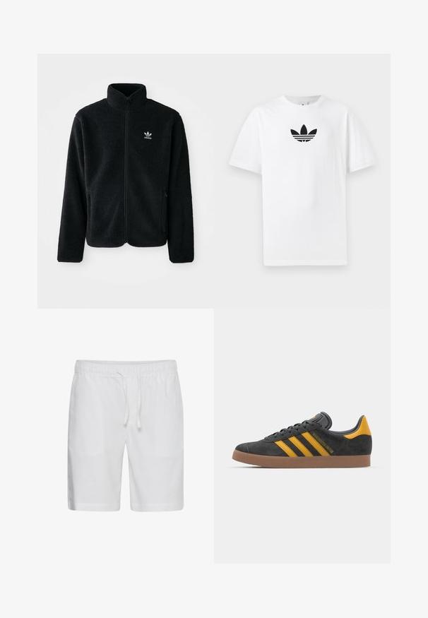 Black fleece jacket with high collar, zip front, and front pockets. Features textured fabric and small white logo on left chest.; White cotton T-shirt featuring a black Adidas logo at the center. Short sleeves and a crew neck design. Smooth texture.; Casual Friday CFPHELIX LINEN MIX - Shorts - bright white; Black suede sneaker with yellow accents, featuring three stripes and a brown rubber sole. Includes a padded tongue for comfort.