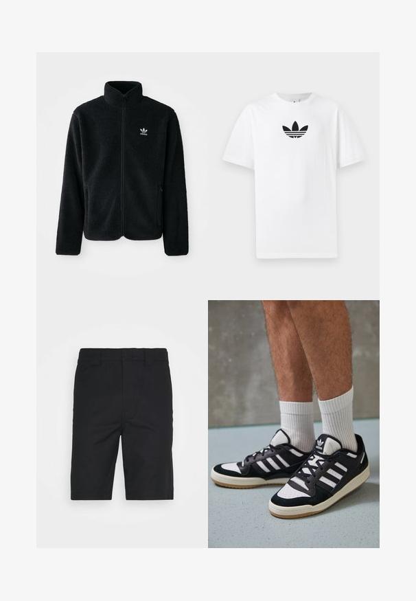 Čierna fleecová bunda s vysokým golierom, zipsom na prednej strane a prednými vreckami. Obsahuje textúrovanú tkaninu a malé biele logo na ľavej hrudi.; Biely bavlnený tričko s čiernym logom Adidas v strede. Krátke rukávy a okrúhly výstrih. Hladká textúra.; Čierne bavlnené šortky s rovnými strihom, pútkami na opasok a s čistým zakončením. Obsahujú skryté predné vrecká a hladkú textúru.; Čierno-biele tenisky s vrchom z semišu a kože, s troma bielymi pruhmi, perforovanou špičkou a gumovou podrážkou.