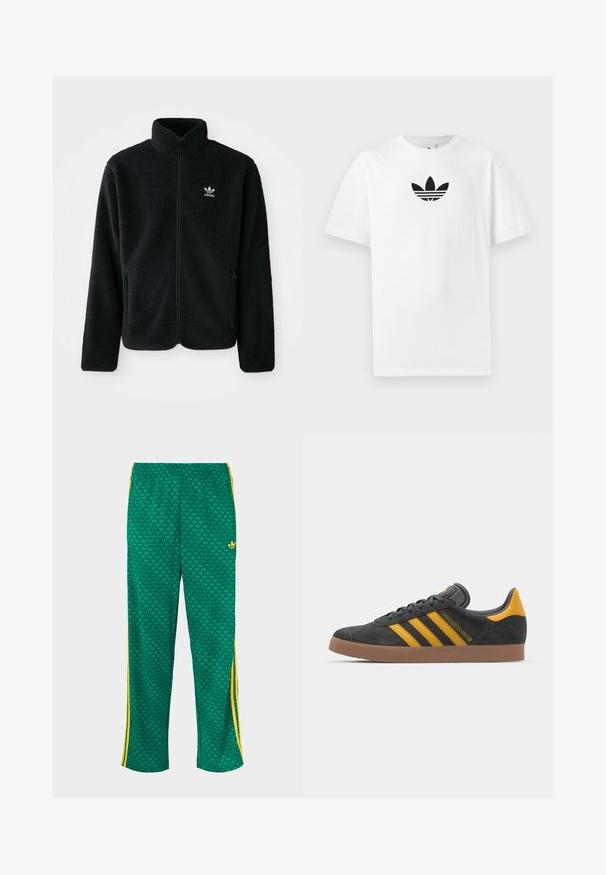 Chupa de forro polar negro con cuello alto, cierre frontal y bolsillos delanteros. Presenta tela texturizada y un pequeño logo blanco en el lado izquierdo del pecho.; Camiseta de algodón blanca con un logo negro de Adidas en el centro. Diseño de manga corta y cuello redondo. Textura suave.; Pantalones deportivos verdes con estampado de hojas, cintura elástica, franjas laterales amarillas, corte holgado.; Zapatillas de ante negro con acentos amarillos, que presentan tres franjas y una suela de goma marrón. Incluyen una lengüeta acolchada para mayor comodidad.