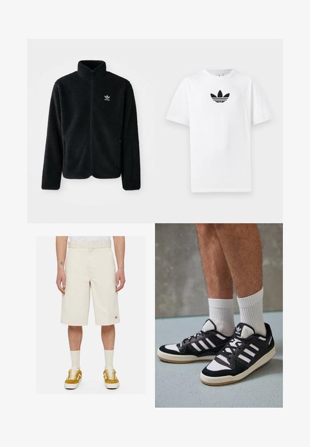 Čierna fleecová bunda s vysokým golierom, zipsom na prednej strane a prednými vreckami. Obsahuje textúrovanú tkaninu a malé biele logo na ľavej hrudi.; Biely bavlnený tričko s čiernym logom Adidas v strede. Krátke rukávy a okrúhly výstrih. Hladká textúra.; Béžové bavlnené šortky so rovnými nohavicami, plochým predným dielom a bočnými vreckami. Obsahujú malú nášivku s logom v blízkosti lemovania. Nosené s žltými teniskami.; Čierno-biele tenisky s vrchom z semišu a kože, s troma bielymi pruhmi, perforovanou špičkou a gumovou podrážkou.