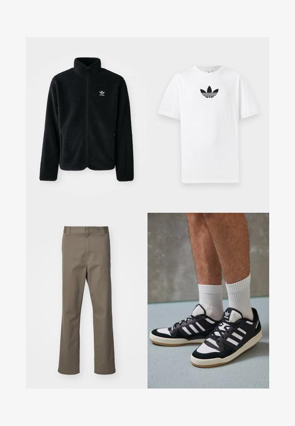 Črna flis jakna z visokim ovratnikom, z zadrgo spredaj in sprednjimi žepi. Ima strukturno blago in majhno belo logo na levi strani prsnega koša.; Bela bombažna majica s črnim logojem Adidas na sredini. Kratki rokavi in oblikovanje z okrog lim. Gladka tekstura.; Rjavo ravne hlače z zankami za pas, sprednjim zadrgo in brez vidnih žepov, prikazane na belem ozadju.; Črno-bele superge z zgornjim delom iz usnja in nubuka, ki imajo tri bele črte, perforiran vrh prstov in podplat iz gume.