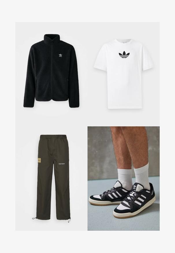 Casaco de fleece preto com gola alta, fecho de correr à frente e bolsos frontais. Apresenta um tecido texturizado e um pequeno logo branco no lado esquerdo do peito.; T-shirt de algodão branco com um logo preto da Adidas no centro. Mangas curtas e um design de gola redonda. Textura suave.; Denim Project MILI PANT - Calças - deep depths; Ténis em preto e branco com upper em camurça e couro, apresentando três riscas brancas, um toe perfurado e uma sola em borracha de goma.
