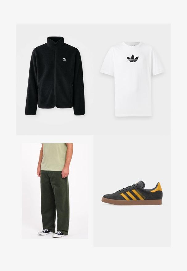 Giacca in pile nera con colletto alto, chiusura zip frontale e tasche anteriori. Presenta un tessuto testurizzato e un piccolo logo bianco sul lato sinistro del petto.; T-shirt bianco in cotone con logo Adidas nero al centro. Maniche corte e design con girocollo. Texture liscia.; Pantaloni ampia in velluto a coste verde con una texture morbida. Indossati con una camicia verde chiaro e sneaker bianco e nero. Design semplice e pratico.; Sneaker in suede nero con dettagli gialli, dotato di tre strisce e una suola in gomma marrone. Include una linguetta imbottita per il comfort.