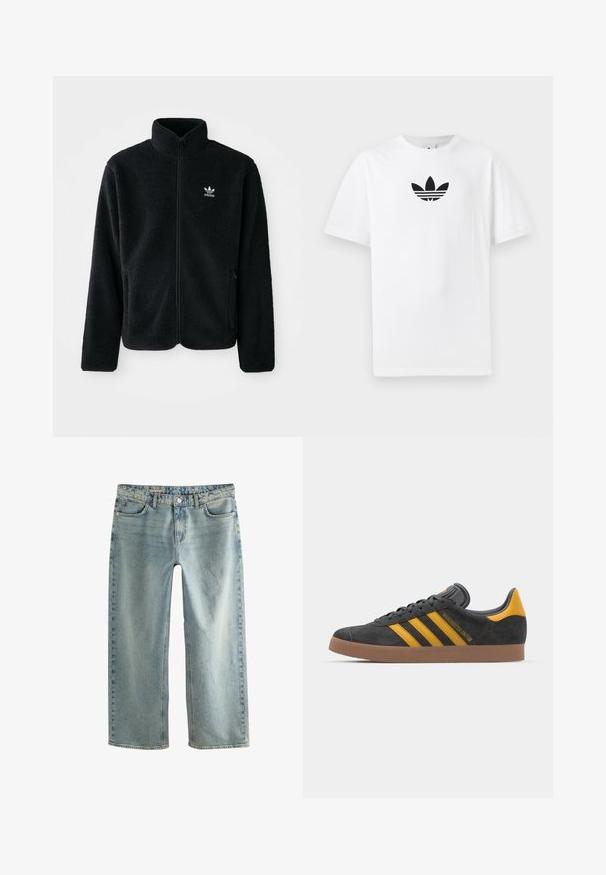Černá fleecová bunda s vysokým límcem, předním zipem a předními kapsami. Disponuje strukturovanou tkaninou a malým bílým logem na levé hrudi.; Bílá bavlněná tričko s černým logem Adidas uprostřed. Krátký rukáv a design s kulatým výstřihem. Hladká textura.; Světle modré dámské baggy džíny mají rovný střih nohavic, pětiokou design a viditelné zapínání na kovový knoflík.; Černé semišové tenisky se žlutými akcenty, vybavené třemi pruhy a hnědou gumovou podrážkou. Obsahují polstrovaný jazyk pro pohodlí.