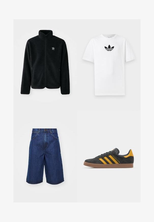 Black fleece jacket with high collar, zip front, and front pockets. Features textured fabric and small white logo on left chest.; White cotton T-shirt featuring a black Adidas logo at the center. Short sleeves and a crew neck design. Smooth texture.; Denim shorts in dark blue, featuring a relaxed fit, large side pockets, and visible stitching details. Mid-rise waist with button closure.; Black suede sneaker with yellow accents, featuring three stripes and a brown rubber sole. Includes a padded tongue for comfort.
