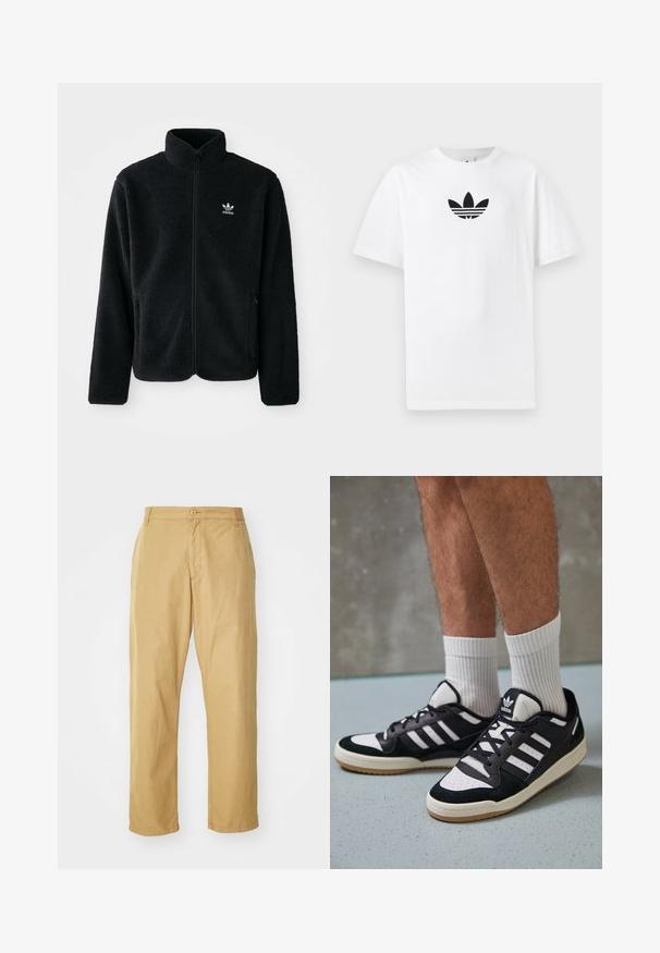 Musta fleece-takki, jossa on korkea kaulus, vetoketjusuljenta ja etutaskut. Käyttää teksturoitua kangasta ja siinä on pieni valkoinen logo vasemmassa rinnassa.; Valkoinen puuvillapaita, jossa on musta Adidas-logo keskellä. Lyhyet hihat ja pyöreä kaula-aukko. Sileä rakenne.; Khaki chinos valmistettu kevyestä kankaasta, suoralla lahkeensuulla, jossa on etupainike ja sivutaskut.; Valkoiset ja mustat tennarit, joissa on mokkanahka- ja nahkapäällinen, kolme valkoista raitaa, rei'itetty kärki ja kumipohja.