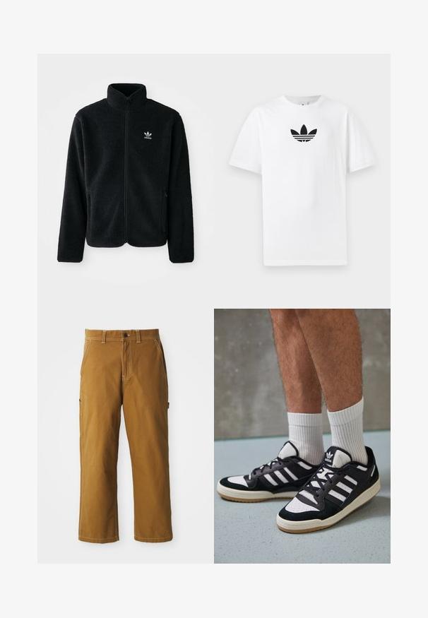 Jachetă din fleece neagră cu guler înalt, fermoar pe față și buzunare frontale. Caracteristici ale materialului texturat și un mic logo alb pe pieptul stâng.; Tricou alb din bumbac, având un logo Adidas negru în centrul său. Mâneci scurte și un design cu gât rotund. Textură fină.; Pantaloni din bumbac maro cu croială dreaptă, cusături întărite și buzunare laterale. Au un închizător cu buton și bucle pentru curea la talie.; Adidași negri și albi cu un superior din suede și piele, prevăzuți cu trei dungi albe, un vârf perforat și o talpă din cauciuc caramel.