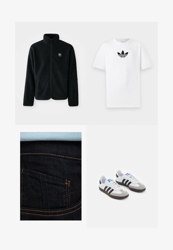 Čierna fleecová bunda s vysokým golierom, zipsom na prednej strane a prednými vreckami. Obsahuje textúrovanú tkaninu a malé biele logo na ľavej hrudi.; Biely bavlnený tričko s čiernym logom Adidas v strede. Krátke rukávy a okrúhly výstrih. Hladká textúra.; Tmavo modré džínsy s oranžovým prešívaním, s viditeľnou zadnou kapsou a svetlomodrým tričkom nad nimi. Hladká štruktúra, klasický dizajn.; Športové topánky s bielym koženým zvrškom, šedou semišovou špičkou a tromi čiernymi pruhmi. Obsahujú modré logo na jazyku a štruktúrovanú gumovú podrážku.