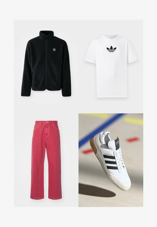 Crna fleec jakna s visokim ovratnikom, prednjim zatvaračem i prednjim džepovima. Ima teksturirani materijal i mali bijeli logo na lijevoj strani prsnog koša.; Bijela pamučna majica s crnim Adidas logom u centru. Kratki rukavi i dizajn s okruglim izrezom. Glatka tekstura.; Carhartt WIP LANDON PANT - Vrećaste traperice - tuscany; Bijela Adidas Mundial Goal tenisica s crnim prugama i gumiranim potplatima, prikazana u zraku iznad sportske podloge s obojenim linijama.