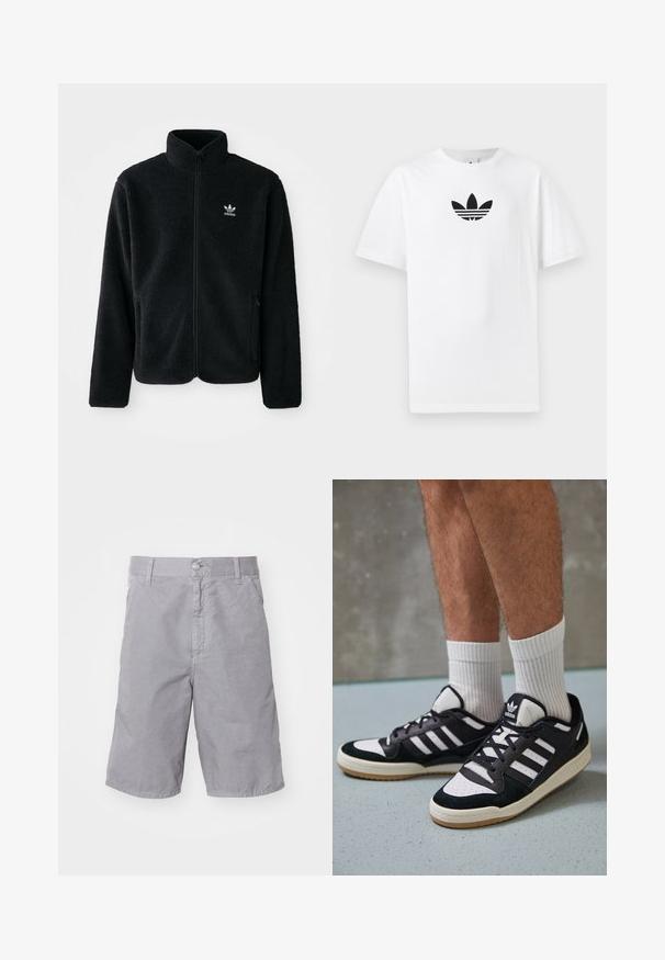 Veste en polaire noire avec col haut, fermeture éclair à l'avant et poches перед тобой. Présente un tissu texturé et un petit logo blanc sur la poitrine gauche.; T-shirt en coton blanc présentant un logo noir d'Adidas au centre. Manches courtes et décolleté rond. Texture lisse.; Shorts en coton gris avec une fermeture par bouton, devant plat, poches latérales et une coupe droite. Texture douce et ajustement décontracté.; Baskets noir et blanc avec une tige en suède et cuir, comportant trois rayures blanches, un bout perforé et une semelle en caoutchouc gum.