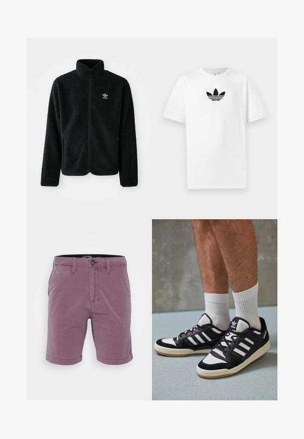 Black fleece jacket with high collar, zip front, and front pockets. Features textured fabric and small white logo on left chest.; White cotton T-shirt featuring a black Adidas logo at the center. Short sleeves and a crew neck design. Smooth texture.; Men’s mauve knee-length shorts with button closure, belt loops, and front pockets, displayed against a white background.; Black and white sneakers with a suede and leather upper, featuring three white stripes, a perforated toe, and a gum rubber sole.