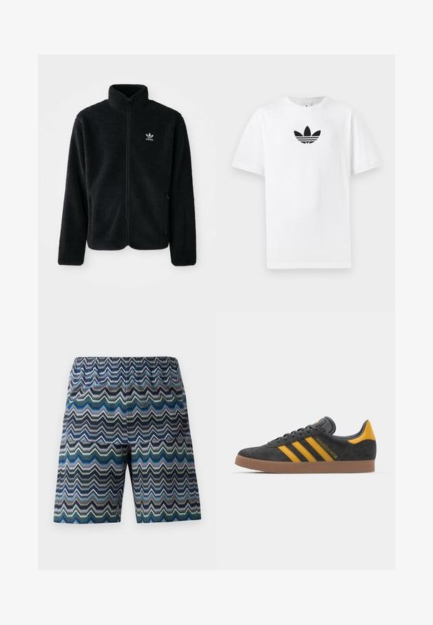 Juodas fliso džemperis su aukštu apykakle, užtrauktuku priekyje ir priekinėmis kišenėmis. Ypatybės: tekstūruota medžiaga ir mažas baltas logotipas kairėje krūtinės pusėje.; Baltas medvilnės marškinėliai su juodu Adidas logo centre. Trumpomis rankovėmis ir apvalia kaklo iškirpte. Lygus audinys.; vyriški šortai su zigzago raštu mėlynos, žalios ir juodos spalvos. Elastinga juosmens juosta, iki kelių ilgio ir lengvas audinys.; Juodas zomšinės sportbačiai su geltonais akcentais, turintys tris juosteles ir rudą gumos padą. Apima paminkštintą liežuvėlį patogumui.