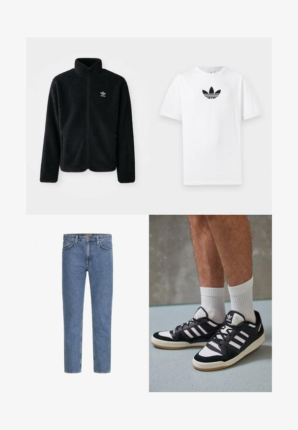Crna fleec jakna s visokim ovratnikom, prednjim zatvaračem i prednjim džepovima. Ima teksturirani materijal i mali bijeli logo na lijevoj strani prsnog koša.; Bijela pamučna majica s crnim Adidas logom u centru. Kratki rukavi i dizajn s okruglim izrezom. Glatka tekstura.; Plave traperice ravnog kroja s prednjim gumbom, patentnim zatvaračem i dizajnom od pet džepova, prikazane na bijeloj pozadini.; Crne i bijele tenisice s gornjim dijelom od antilopa i kože, s tri bijele pruge, perforiranim prstom i gumiranim potplatom.