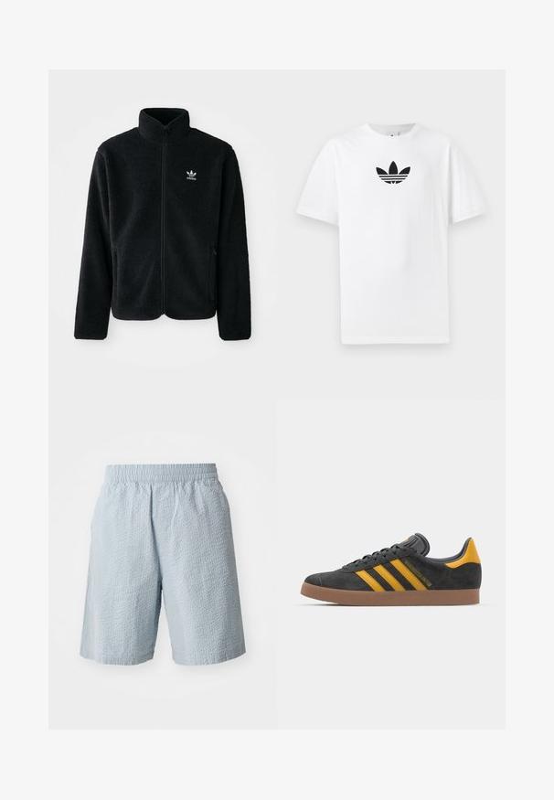 Veste en polaire noire avec col haut, fermeture éclair à l'avant et poches перед тобой. Présente un tissu texturé et un petit logo blanc sur la poitrine gauche.; T-shirt en coton blanc présentant un logo noir d'Adidas au centre. Manches courtes et décolleté rond. Texture lisse.; Shorts bleu clair en tissu texturé, avec taille élastique et poches latérales. Le design présente une coupe ample et une longueur jusqu'aux genoux.; Baskets en suede noir avec des accents jaunes, présentant trois rayures et une semelle en caoutchouc marron. Comprend une languette rembourrée pour le confort.