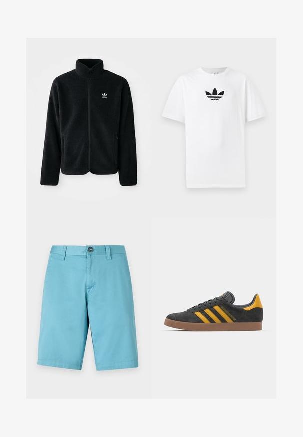Giacca in pile nera con colletto alto, chiusura zip frontale e tasche anteriori. Presenta un tessuto testurizzato e un piccolo logo bianco sul lato sinistro del petto.; T-shirt bianco in cotone con logo Adidas nero al centro. Maniche corte e design con girocollo. Texture liscia.; Pantaloni corti azzurri realizzati in un tessuto liscio. Presentano una chiusura con bottone e passanti per la cintura, con una vestibilità dritta che arriva fino al ginocchio.; Sneaker in suede nero con dettagli gialli, dotato di tre strisce e una suola in gomma marrone. Include una linguetta imbottita per il comfort.