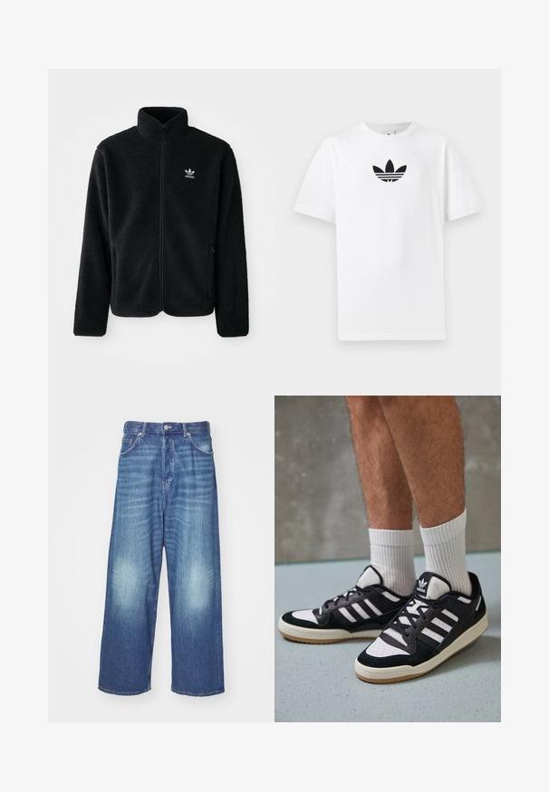 Chupa de forro polar negro con cuello alto, cierre frontal y bolsillos delanteros. Presenta tela texturizada y un pequeño logo blanco en el lado izquierdo del pecho.; Camiseta de algodón blanca con un logo negro de Adidas en el centro. Diseño de manga corta y cuello redondo. Textura suave.; Jeans de denim azul de pierna ancha con un lavado desgastado, cinco bolsillos y cierre de botón. Textura suave con desvanecimientos sutiles en las rodillas.; Zapatillas en blanco y negro con parte superior de ante y cuero, que presentan tres franjas blancas, una puntera perforada y una suela de goma.