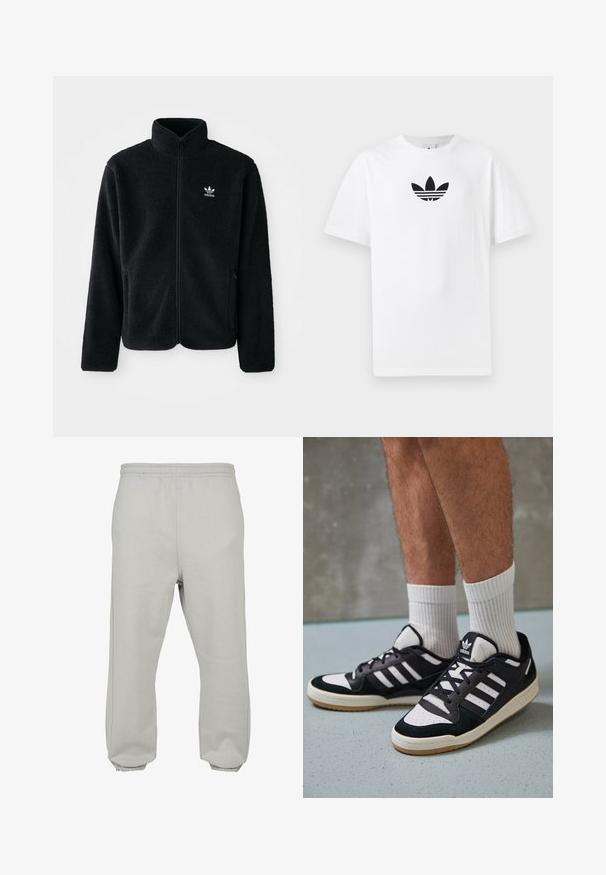 Čierna fleecová bunda s vysokým golierom, zipsom na prednej strane a prednými vreckami. Obsahuje textúrovanú tkaninu a malé biele logo na ľavej hrudi.; Biely bavlnený tričko s čiernym logom Adidas v strede. Krátke rukávy a okrúhly výstrih. Hladká textúra.; Svetlošedé tepláky vyrobené z mäkkej tkaniny, s elastickým pásom, zúženými nohavicami a rebrovanými manžetami pre pohodlné nosenie.; Čierno-biele tenisky s vrchom z semišu a kože, s troma bielymi pruhmi, perforovanou špičkou a gumovou podrážkou.