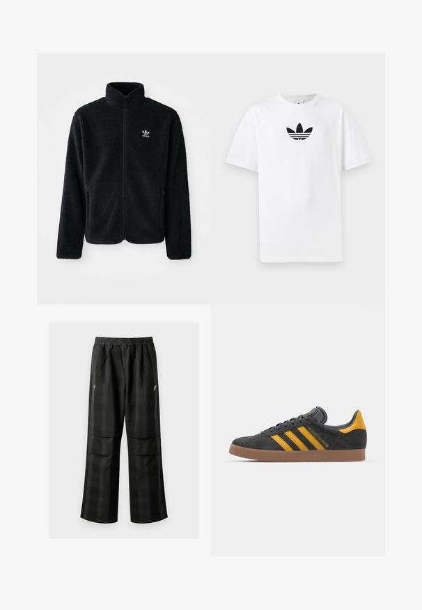 Casaco de fleece preto com gola alta, fecho de correr à frente e bolsos frontais. Apresenta um tecido texturizado e um pequeno logo branco no lado esquerdo do peito.; T-shirt de algodão branco com um logo preto da Adidas no centro. Mangas curtas e um design de gola redonda. Textura suave.; Calças pretas em padrão xadrez com cintura elástica, dois bolsos frontais e um ajuste solto com design de perna reta. Feitas de material leve.; Tenis em camurça preta com detalhes amarelos, apresentando três riscas e uma sola de borracha castanha. Inclui uma língua acolchoada para maior conforto.