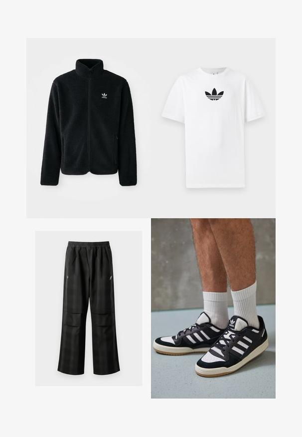 Melns flīsa mētelis ar augstu apkakli, ar rāvējslēdzēju priekšā un priekšējiem kabatām. Iezīmē ar teksturētu audumu un mazu baltu logo uz kreisā krūtīm.; Balta kokvilnas T-kreklu ar melnu Adidas logo centrā. Īsas piedurknes un apaļas kakla izgriezums. Gluda tekstūra.; Melnas kvadrātveida bikses ar elastīgu jostu, divām priekšējām kabatām un brīvu piegriezumu ar taisnām kājām. Izgatavotas no viegla materiāla.; Melnas un baltas kedas ar zamša un ādas augšdaļu, kas aprīkotas ar trim baltām svītrām, perforētu purngali un gumijas zolēm.