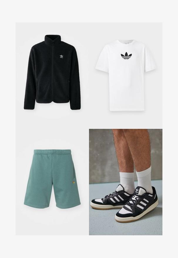 Black fleece jacket with high collar, zip front, and front pockets. Features textured fabric and small white logo on left chest.; White cotton T-shirt featuring a black Adidas logo at the center. Short sleeves and a crew neck design. Smooth texture.; Cotton blend shorts in a teal color with an elastic waistband, side pockets, and a small gold logo accent on the lower leg.; Black and white sneakers with a suede and leather upper, featuring three white stripes, a perforated toe, and a gum rubber sole.