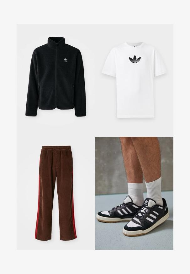 Zwarte fleece jacket met hoge kraag, ritssluiting aan de voorkant en voorzakken. Kenmerkt zich door textuurstof en een klein wit logo op de linkerborst.; Witte katoenen T-shirt met een zwart Adidas-logo in het midden. Korte mouwen en een ronde hals. Gladde textuur.; Bruine corduroy broek met een elastische tailleband, voorzien van rode zijkanten en rechte pijpen. Gelaagd stof met subtiele ribbel-details.; Zwart-witte sneakers met een bovenwerk van suede en leer, voorzien van drie witte strepen, een geperforeerde neus en een rubberen gumzool.