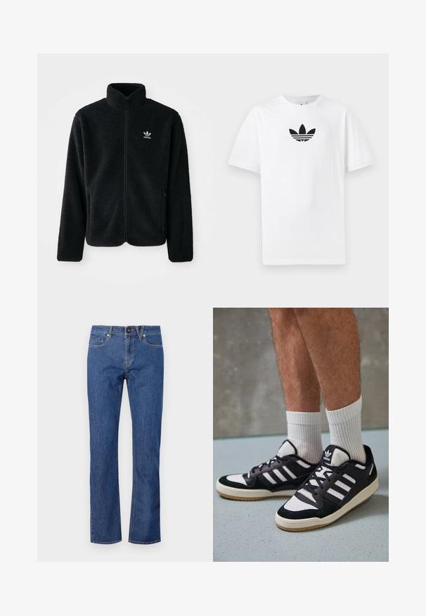 Jachetă din fleece neagră cu guler înalt, fermoar pe față și buzunare frontale. Caracteristici ale materialului texturat și un mic logo alb pe pieptul stâng.; Tricou alb din bumbac, având un logo Adidas negru în centrul său. Mâneci scurte și un design cu gât rotund. Textură fină.; Jeans din denim albastru cu croială dreaptă, având închidere cu buton, bucle pentru curea și cinci buzunare cu detalii discrete de cusătură.; Adidași negri și albi cu un superior din suede și piele, prevăzuți cu trei dungi albe, un vârf perforat și o talpă din cauciuc caramel.